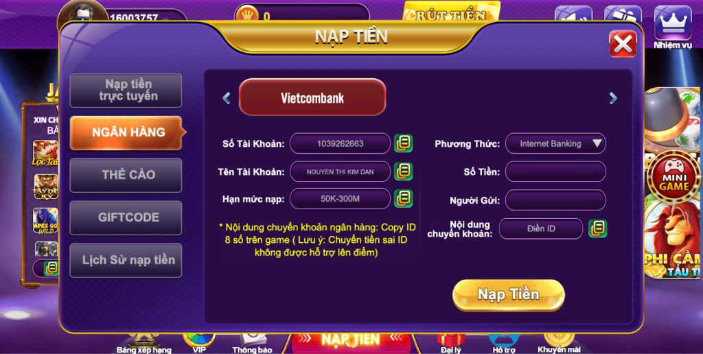 Nạp tiền 68 game bài qua phương thức ngân hàng