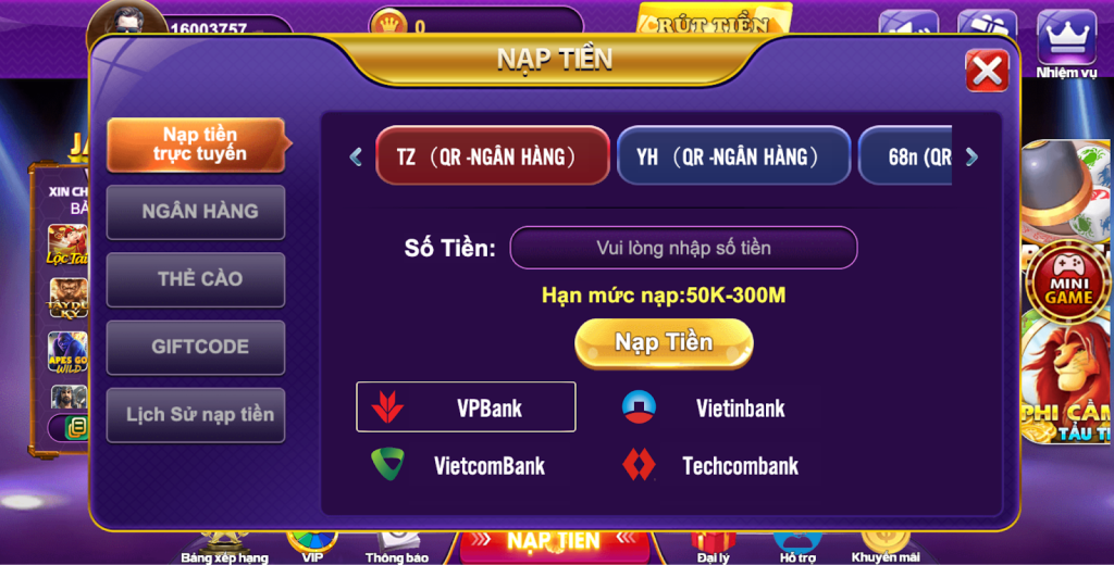 Nạp tiền trực tuyến tại 68 game bài